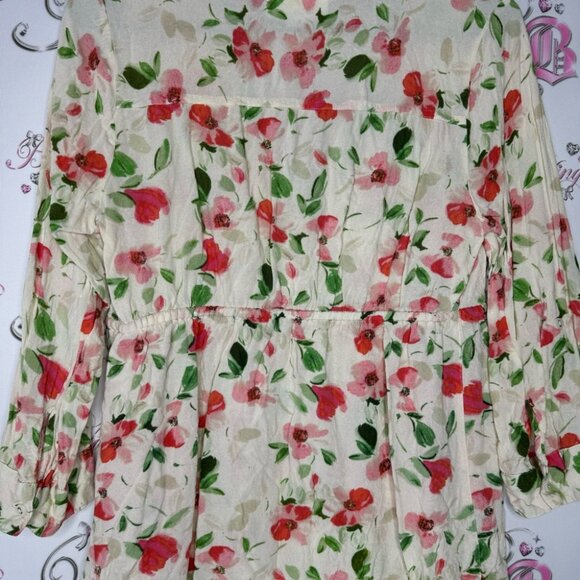 Floral blouse cinch at waist cream yellow white red green orange flowers cute - Picture 3 of 8